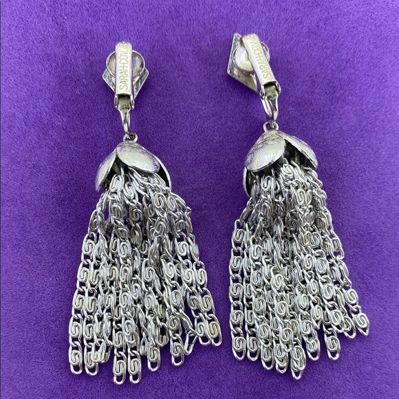 💛 Vintage Sarah Coventry Silver Tassel Clip On Earrings - Picture 3 of 6
